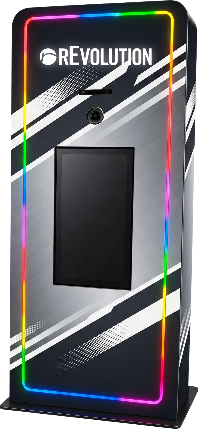Elevated Kiosk with LED edge lighting, large touch screen, and integrated printer, shown in a rEvolution custom wrap