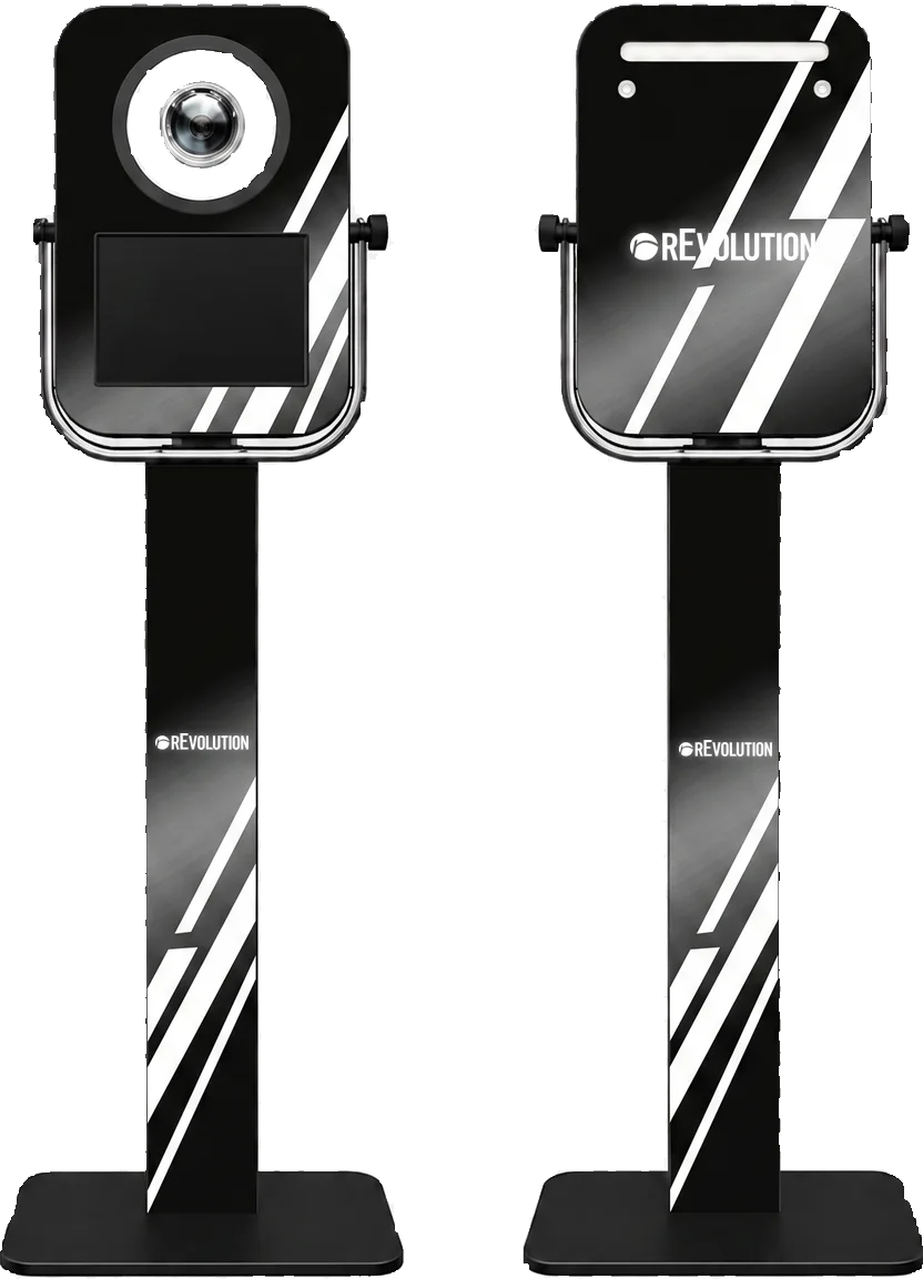PRO booth, front and back, with adjustable tilting head unit, shown in a rEvolution custom wrap