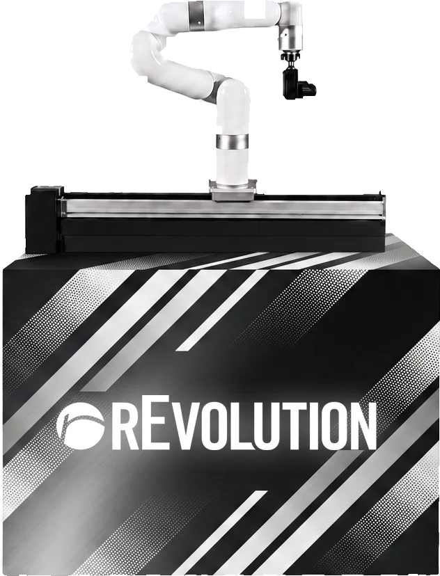 Robotic camera arm mounted on a rail atop a branded base cabinet, shown in a rEvolution custom wrap